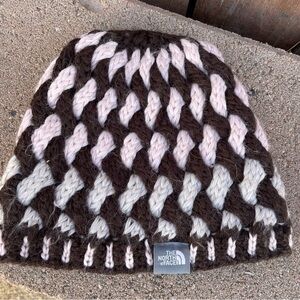 NORTH FACE Women’s Brown Pink Gray Fuzzy Knit Braided Winter Hat Beanie